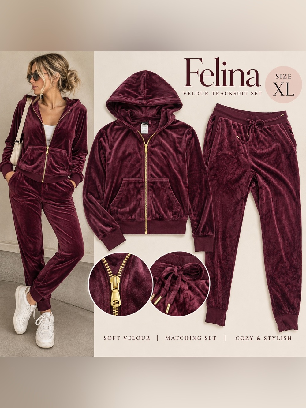 Felina XL Burgundy Velour Tracksuit Hoodie Jogger Pants Set